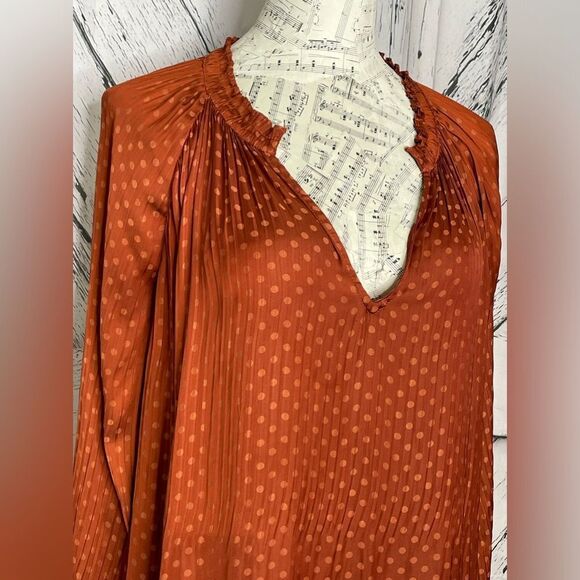 Current Air Anthropologie Blouse Polka Dots  Pleated Rust L - Picture 4 of 10